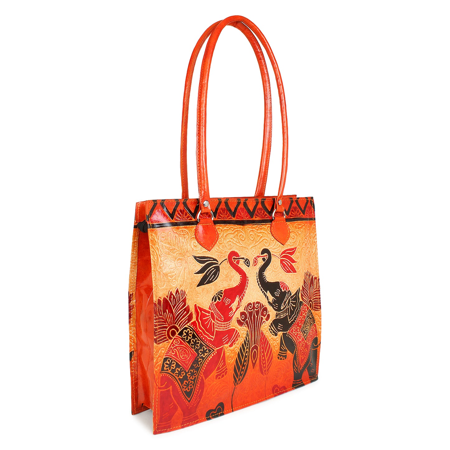 Twin Royal Elephants Design Ethnic Hand Embossed Shantiniketan Leather Indian Shoulder Bag