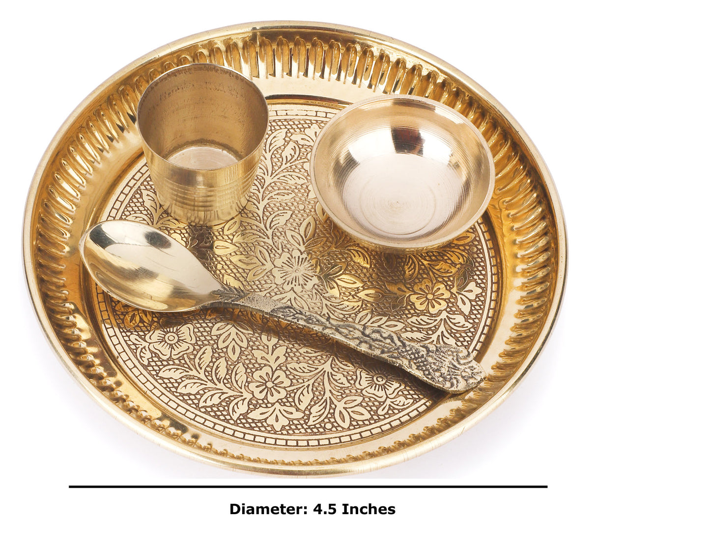Crafts of India Brass Thali Set for Bhog to Kanha Thakur ji Indian Hindu God Rituals Puja Plate. Set of 4 Pieces, (Plate, Katori, Glass, Spoon)