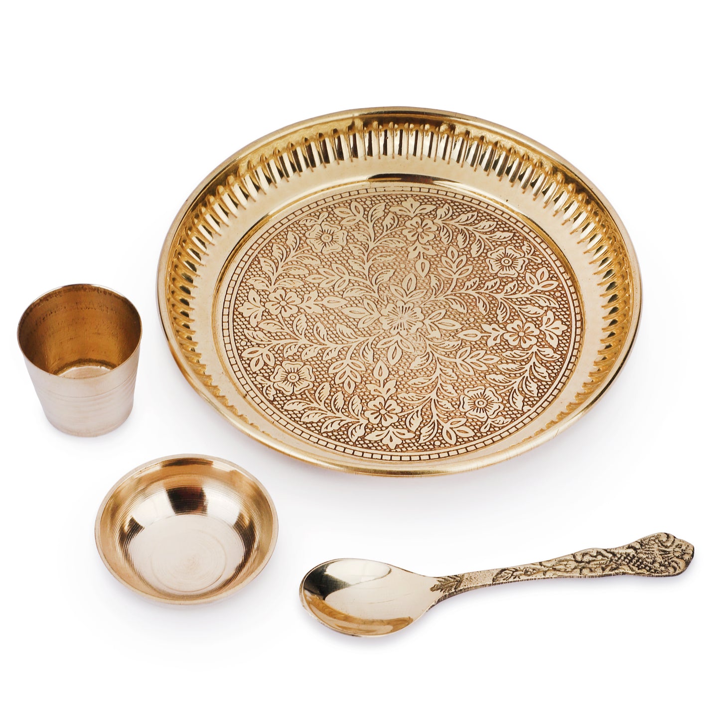 Crafts of India Brass Thali Set for Bhog to Kanha Thakur ji Indian Hindu God Rituals Puja Plate. Set of 4 Pieces, (Plate, Katori, Glass, Spoon)