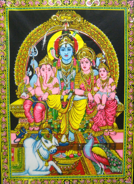Shiva Family Batik Painting Wall Hanging Handmade Tapestry Cotton Religious God Ganesha 30 x 40"