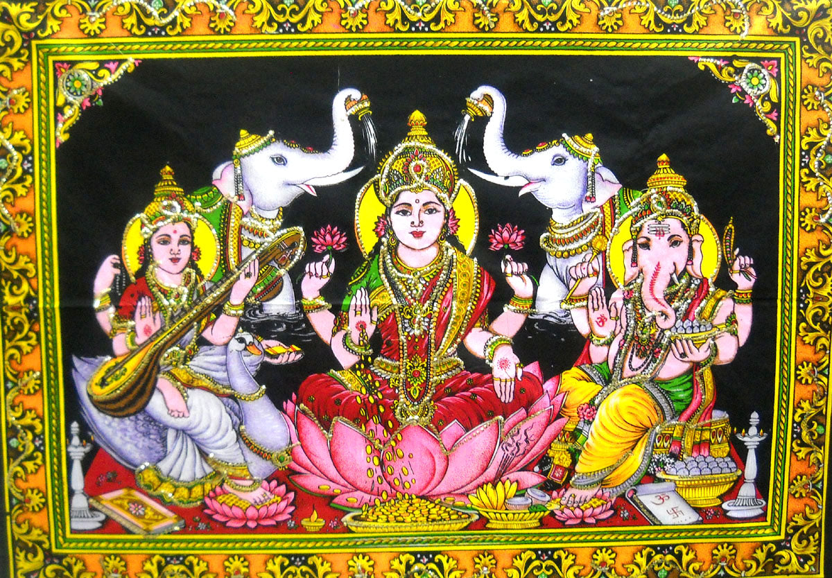 Auspicious Lakshmi Ganesha Saraswati/ Diwali Pujan sequin Batik Cotton Wall Tapestry 40" X 30"