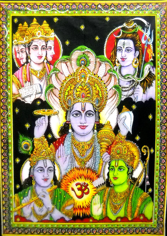 Crafts of India Panchdev : Lord Vishnu, Shiva, Brahma, Krishna, Rama  religious Wall Painting  : Size 43"x30" Inches