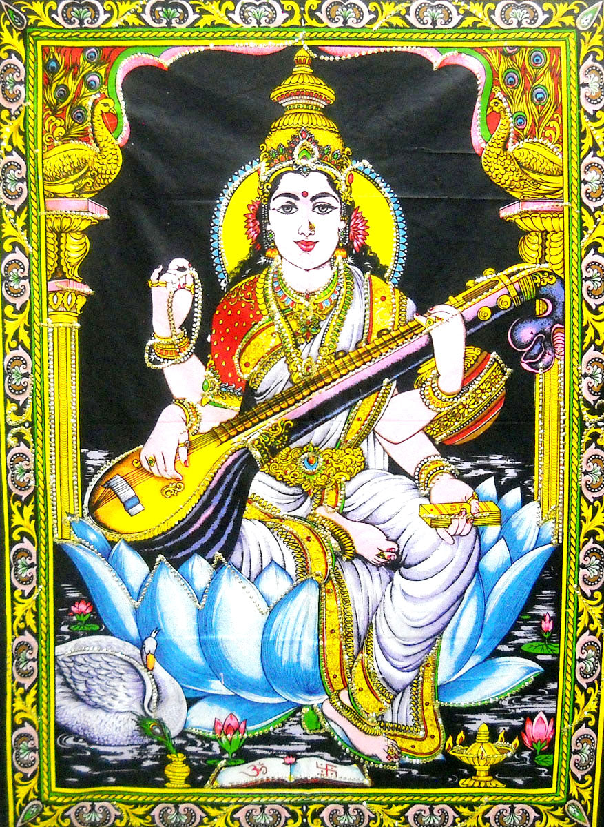 Goddess Saraswati Playing Veena Hindu Religious Batik Wall Hanging Tapestry30 x 40 Inches