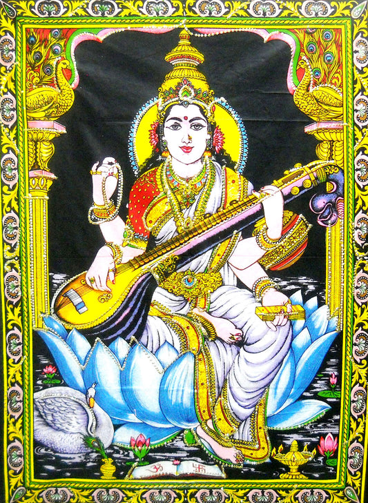 Goddess Saraswati Playing Veena Hindu Religious Batik Wall Hanging Tapestry30 x 40 Inches