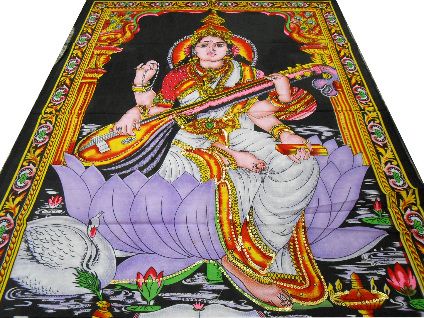 Goddess Saraswati Playing Veena Hindu Religious Batik Wall Hanging Tapestry30 x 40 Inches