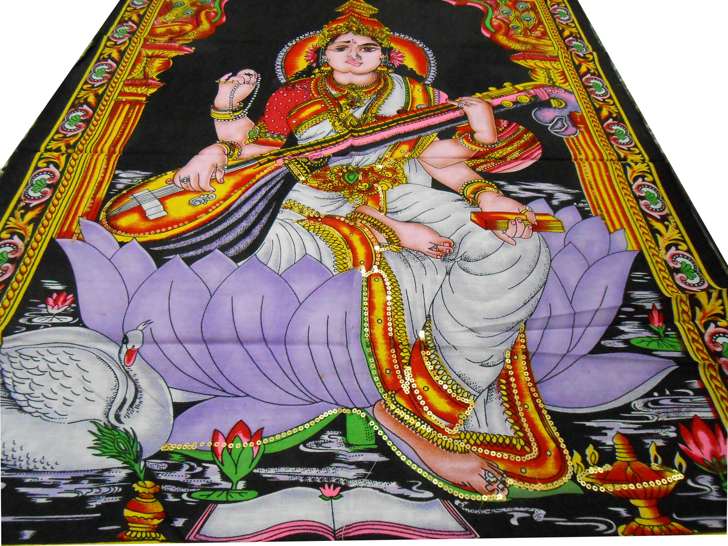 Goddess Saraswati Playing Veena Hindu Religious Batik Wall Hanging Tapestry30 x 40 Inches