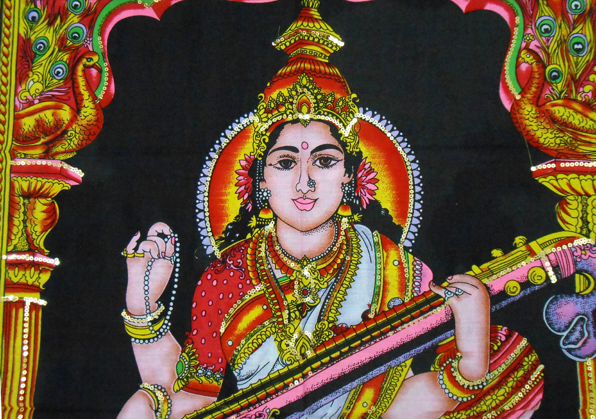 Goddess Saraswati Playing Veena Hindu Religious Batik Wall Hanging Tapestry30 x 40 Inches