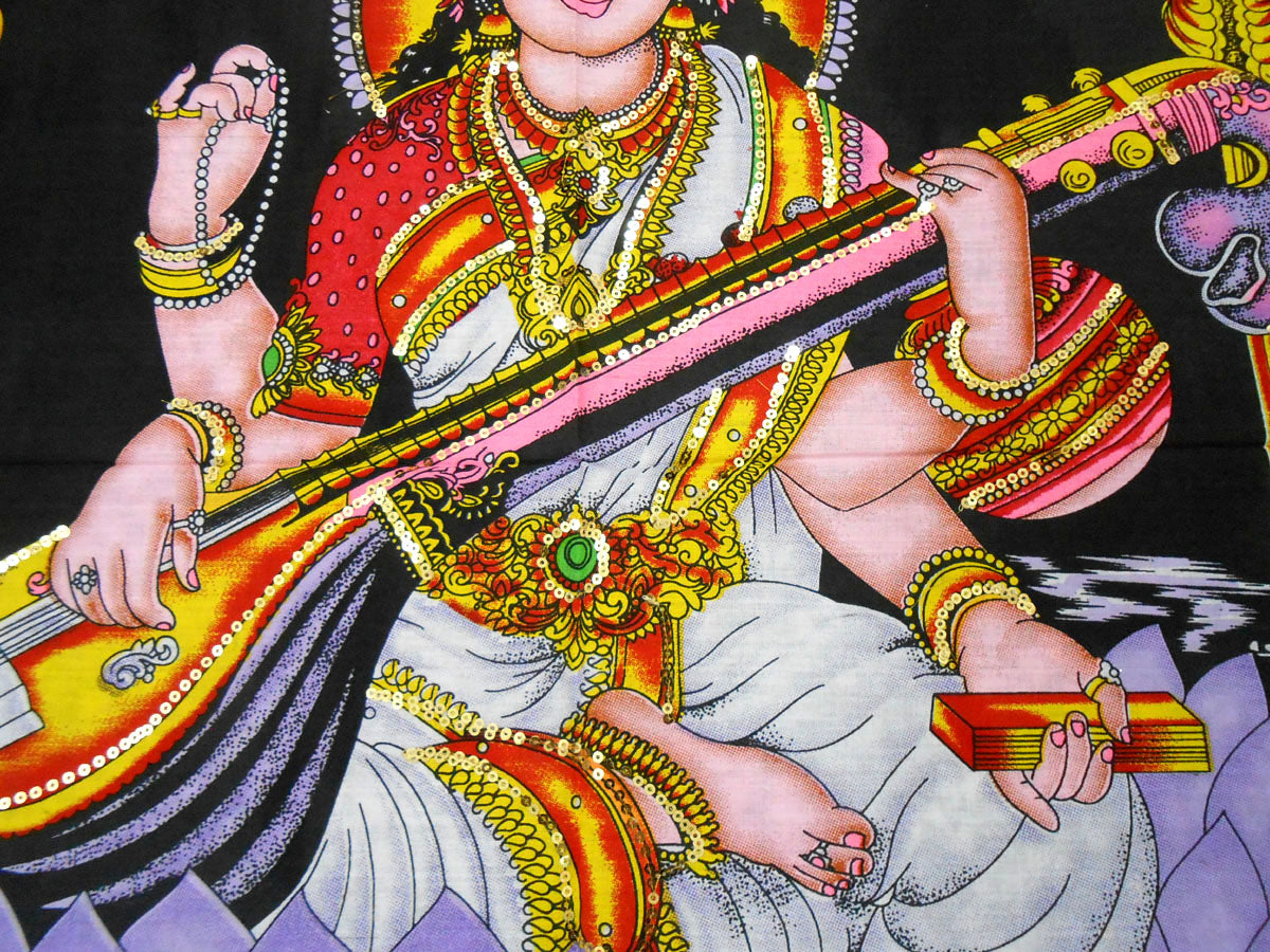 Goddess Saraswati Playing Veena Hindu Religious Batik Wall Hanging Tapestry30 x 40 Inches