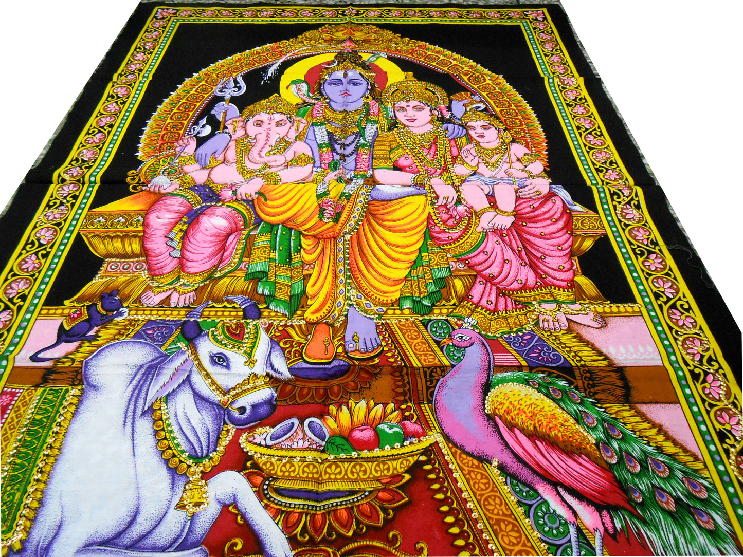 Shiva Family Batik Painting Wall Hanging Handmade Tapestry Cotton Religious God Ganesha 30 x 40"