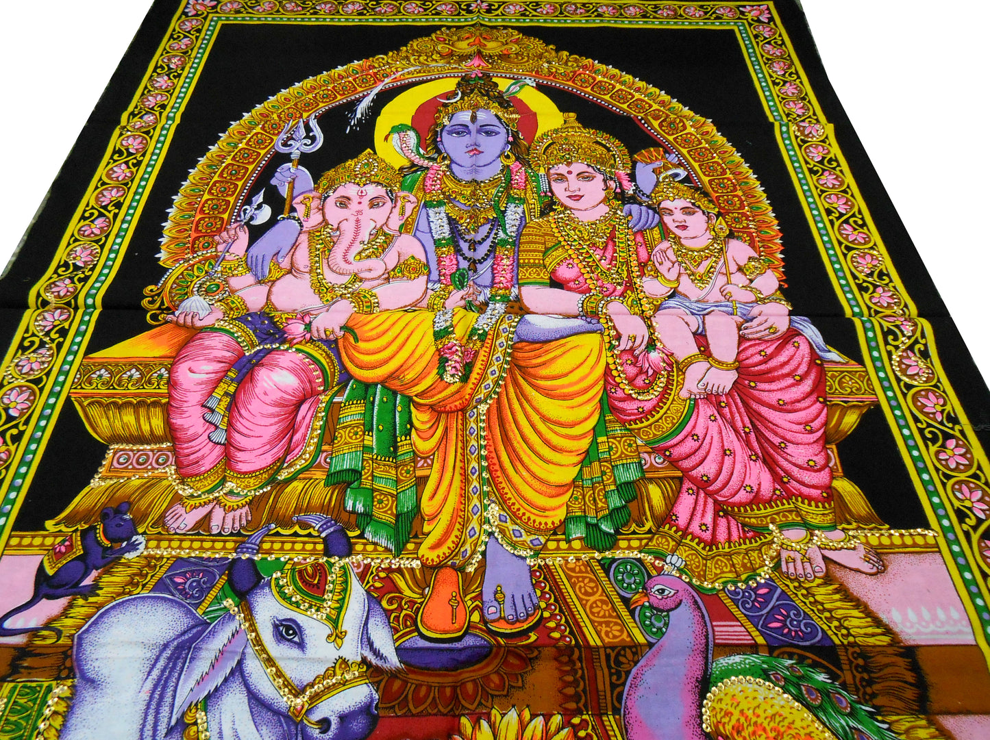 Shiva Family Batik Painting Wall Hanging Handmade Tapestry Cotton Religious God Ganesha 30 x 40"