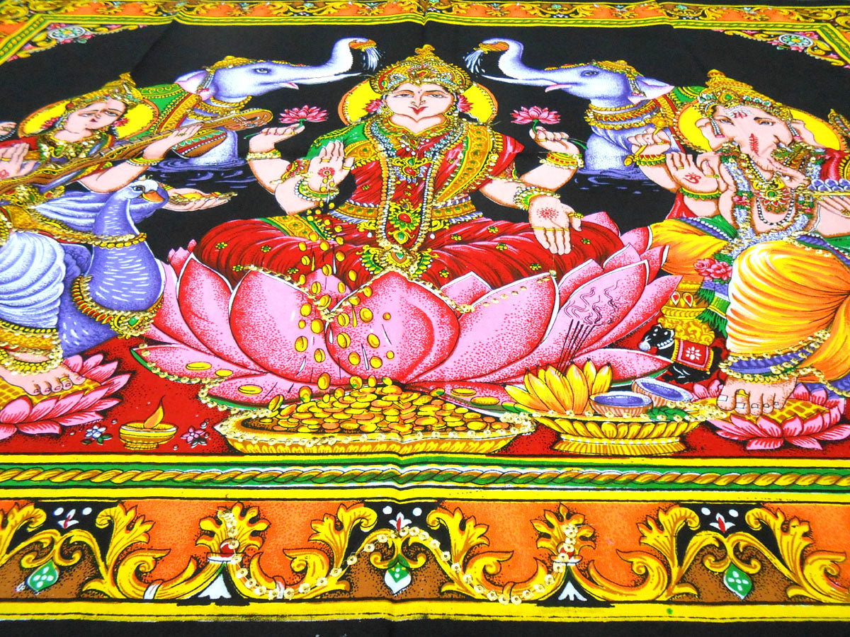 Auspicious Lakshmi Ganesha Saraswati/ Diwali Pujan sequin Batik Cotton Wall Tapestry 40" X 30"