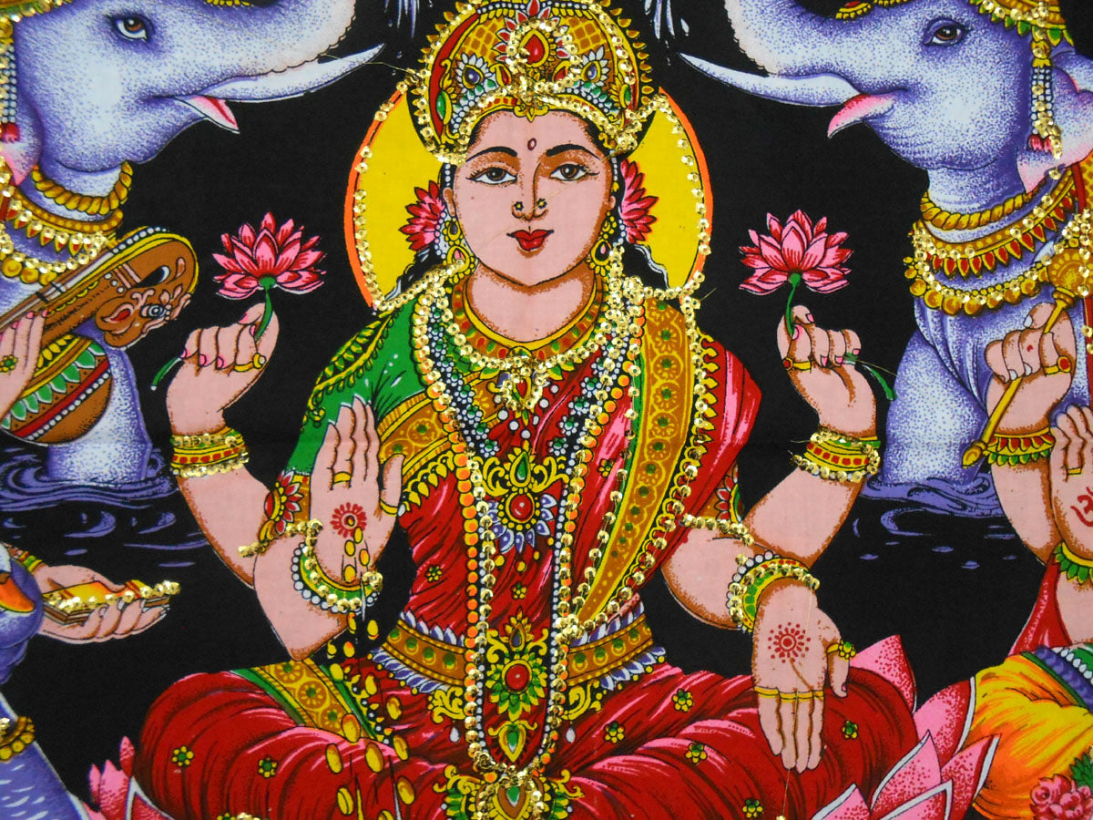 Auspicious Lakshmi Ganesha Saraswati/ Diwali Pujan sequin Batik Cotton Wall Tapestry 40" X 30"