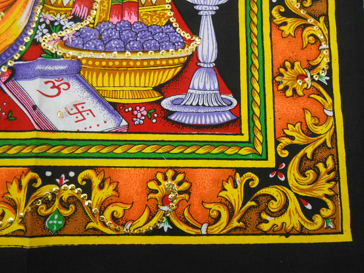 Auspicious Lakshmi Ganesha Saraswati/ Diwali Pujan sequin Batik Cotton Wall Tapestry 40" X 30"