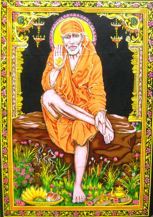 Crafts of India Sai Baba batik sequin Cotton Wall Hanging Painting : Size 43"x 30" Inches
