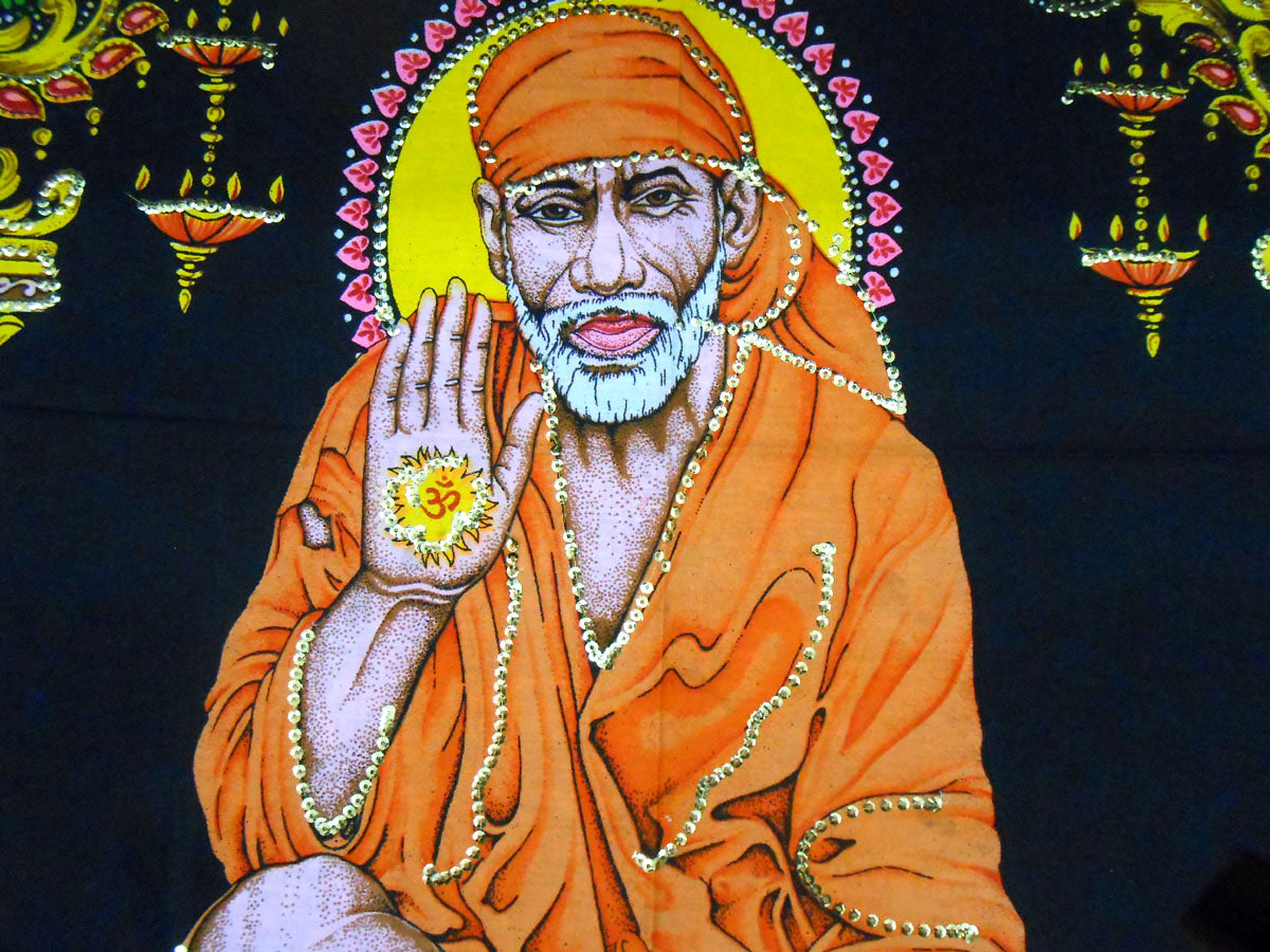 Crafts of India Sai Baba batik sequin Cotton Wall Hanging Painting : Size 43"x 30" Inches