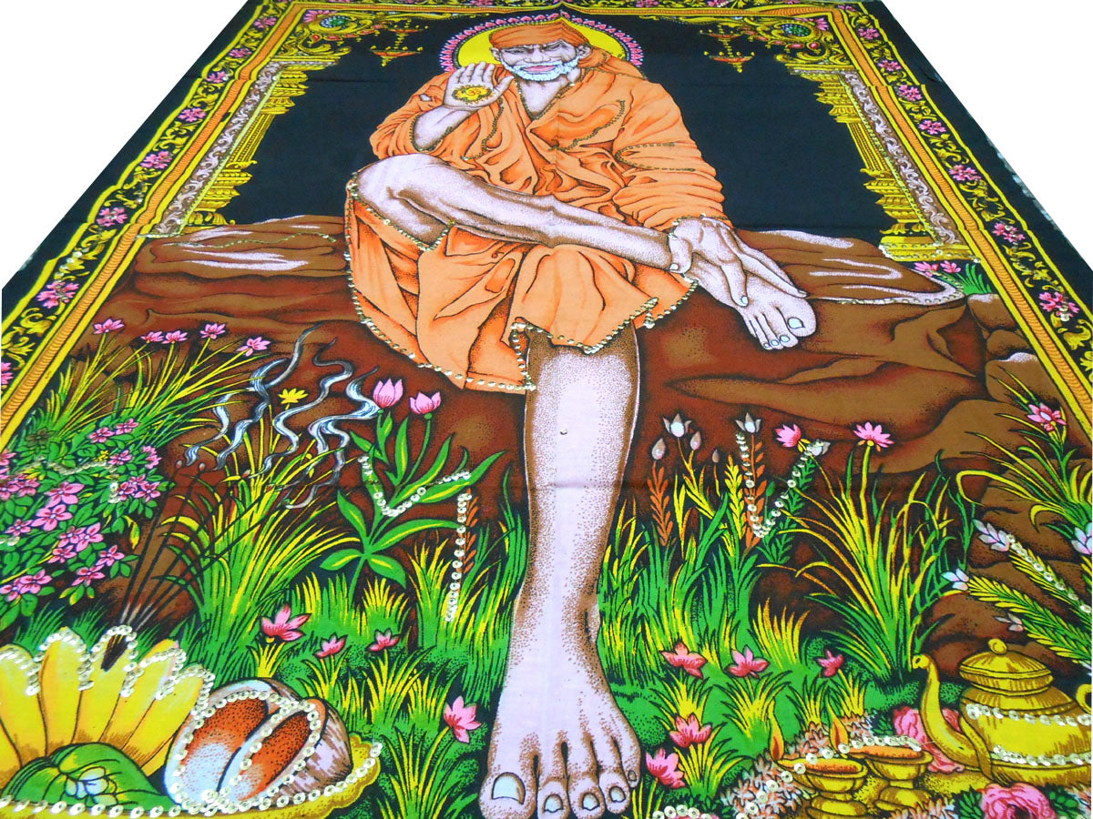 Crafts of India Sai Baba batik sequin Cotton Wall Hanging Painting : Size 43"x 30" Inches