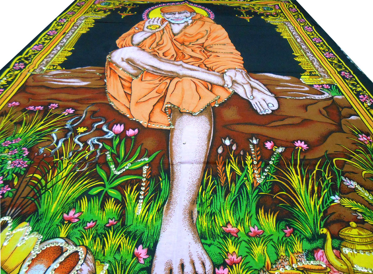 Crafts of India Sai Baba batik sequin Cotton Wall Hanging Painting : Size 43"x 30" Inches