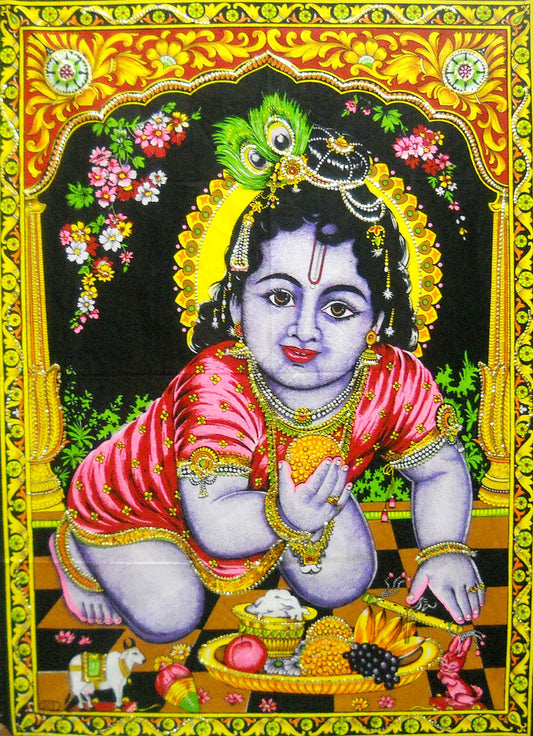 Crafts of India Introducing Bal Krishna Makhan Chor Religious Batik Painting with Sequins - A Divine and Sparkling Artwork: Size 43"x30" Inches