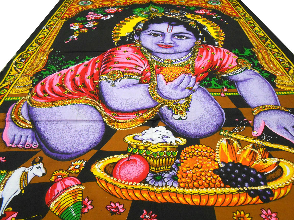 Crafts of India Introducing Bal Krishna Makhan Chor Religious Batik Painting with Sequins - A Divine and Sparkling Artwork: Size 43"x30" Inches