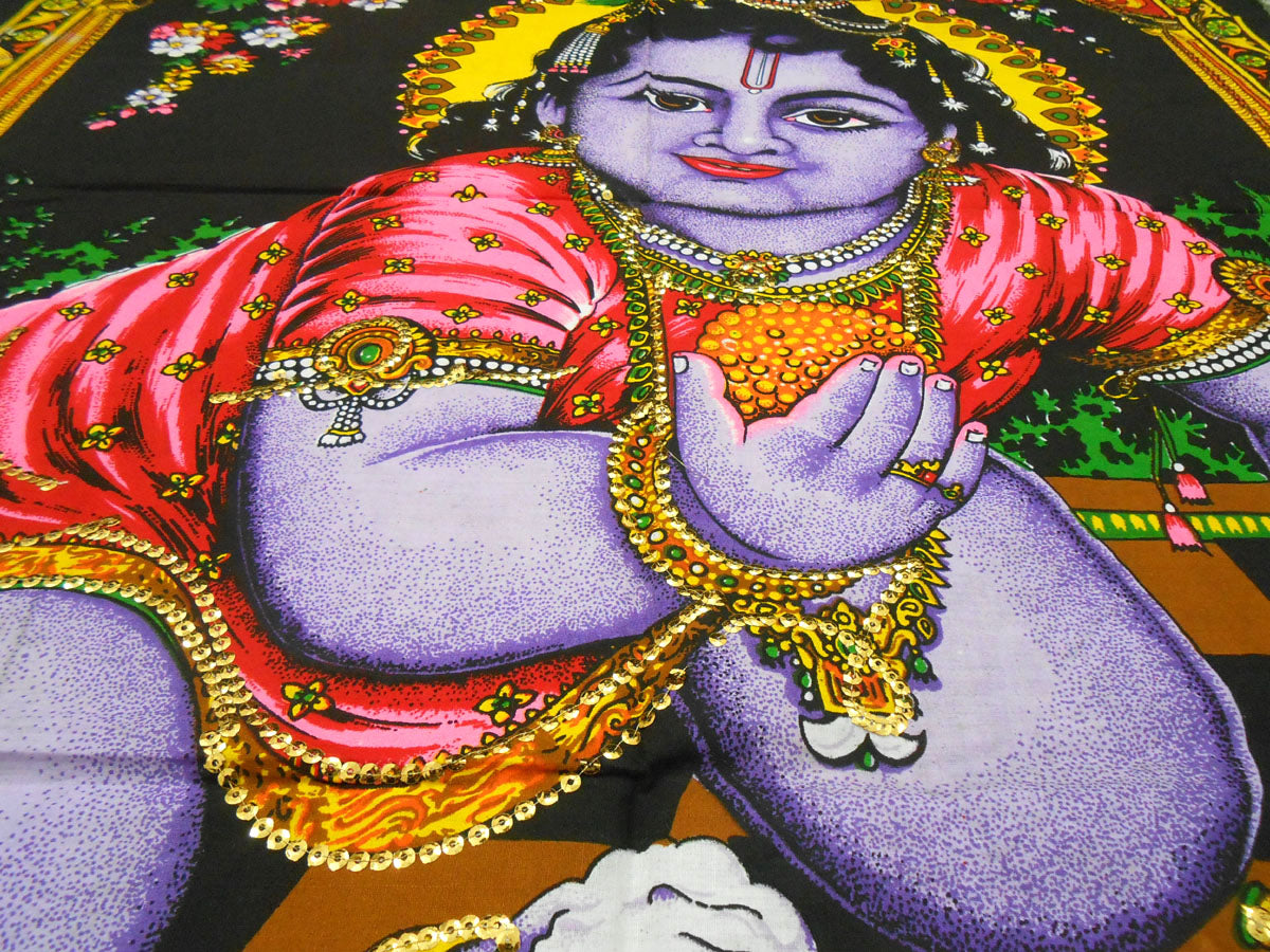 Crafts of India Introducing Bal Krishna Makhan Chor Religious Batik Painting with Sequins - A Divine and Sparkling Artwork: Size 43"x30" Inches
