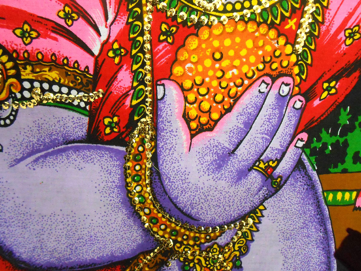 Crafts of India Introducing Bal Krishna Makhan Chor Religious Batik Painting with Sequins - A Divine and Sparkling Artwork: Size 43"x30" Inches