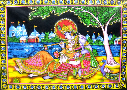 crafts of india best of indian crafts store Divine Lovers Radha Krishna sequin cotton Batik Painting 40" X 30" Inches