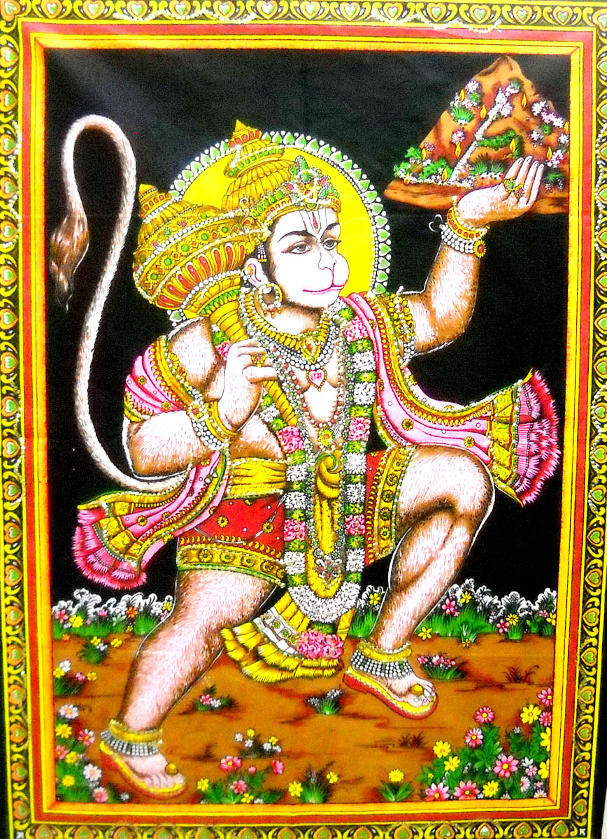 Lord Hanuman Carrying Sanjivani Mountain/Monkey God Hanuman Hindu God Batik Cotton Wall Hanging 40 X 30 "