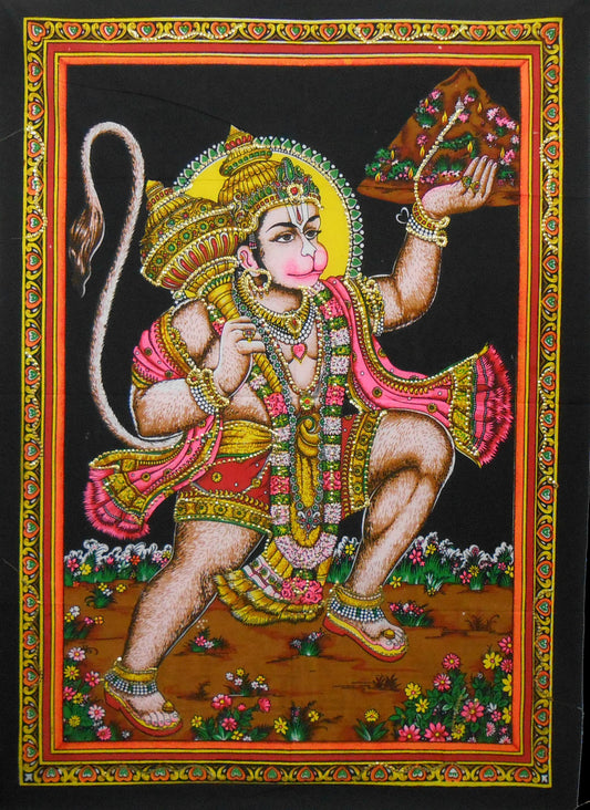 Lord Hanuman Carrying Sanjivani Mountain/Monkey God Hanuman Hindu God Batik Cotton Wall Hanging 40 X 30 "