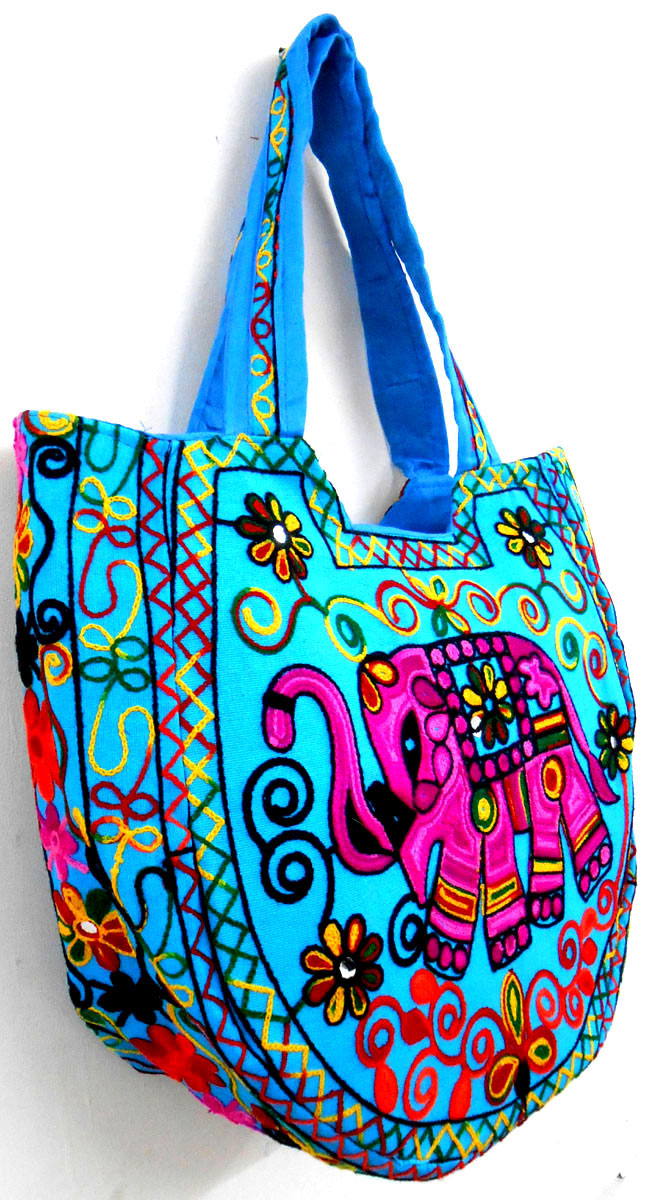 Crafts of India Handcrafted Ethnic Embroidered Rajasthani Boho Elephant Shoulder Blue Bag For Women
