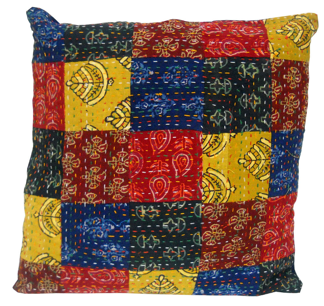 Multi Color Ethnic Designer Hand Embroidered Katha Work Cotton Cushion Cover