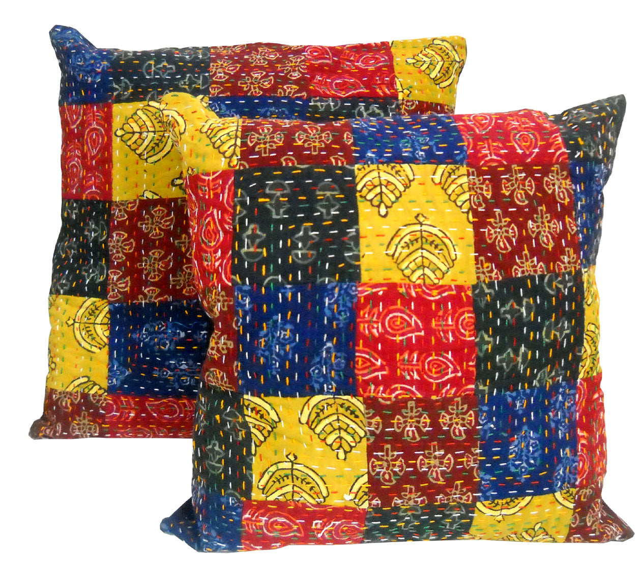 Multi Color Ethnic Designer Hand Embroidered Katha Work Cotton Cushion Cover
