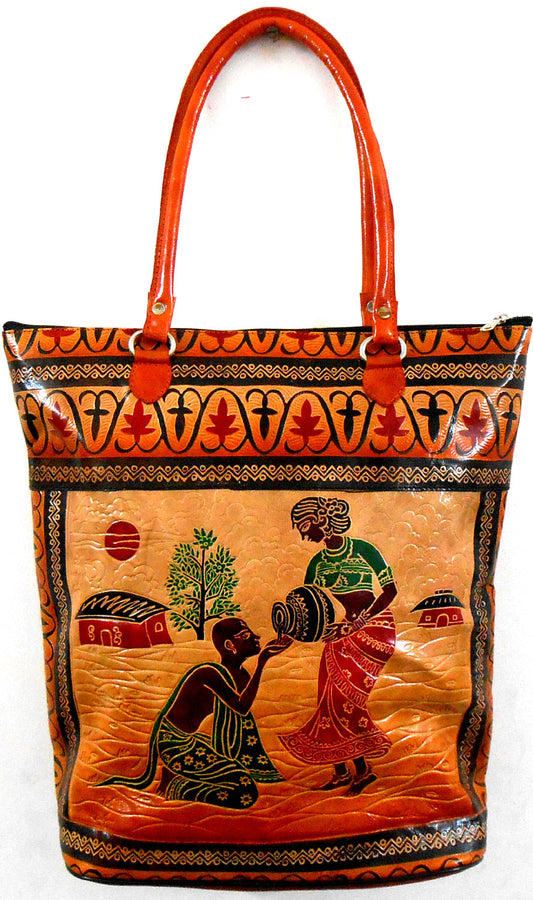 Lady serving Water to a Thirsty Brahmin 100% Pure Shantiniketan Leather Indian Shopping Bag