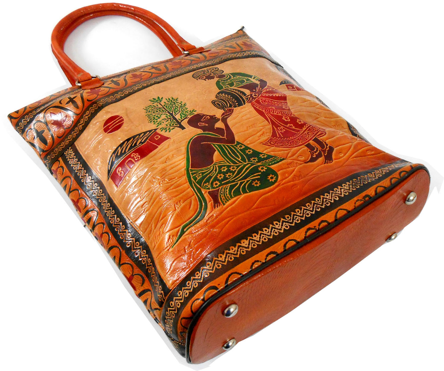 Lady serving Water to a Thirsty Brahmin 100% Pure Shantiniketan Leather Indian Shopping Bag