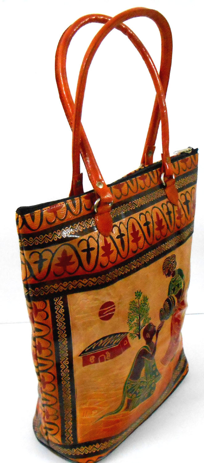 Lady serving Water to a Thirsty Brahmin 100% Pure Shantiniketan Leather Indian Shopping Bag