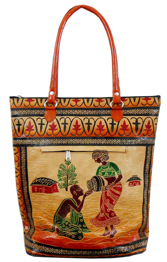 Lady serving Water to a Thirsty Brahmin 100% Pure Shantiniketan Leather Indian Shopping Bag