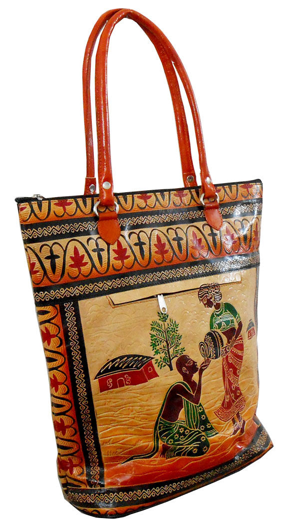 Lady serving Water to a Thirsty Brahmin 100% Pure Shantiniketan Leather Indian Shopping Bag