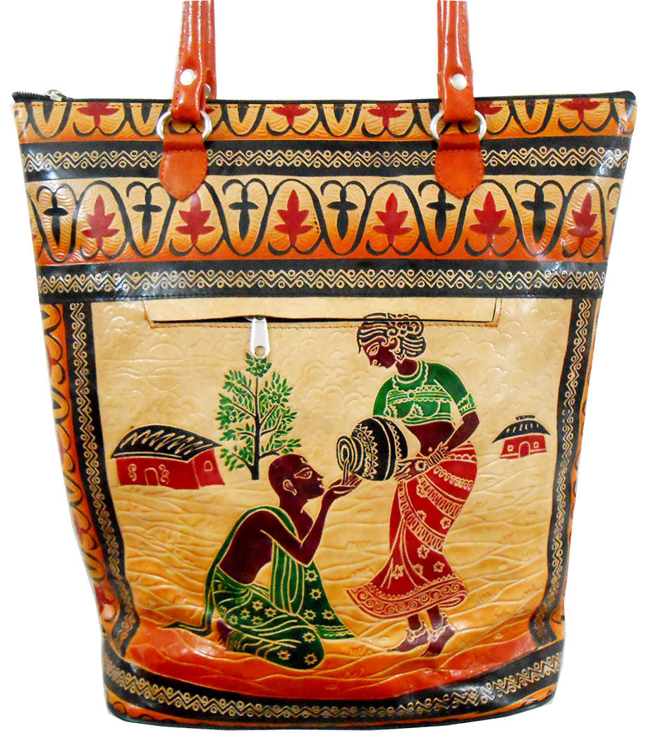 Lady serving Water to a Thirsty Brahmin 100% Pure Shantiniketan Leather Indian Shopping Bag