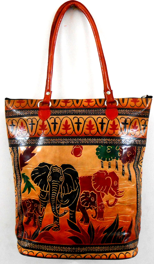 Elephant Family Ethnic Embossed 100% Pure Shantiniketan Leather Indian Large Shopping Bag