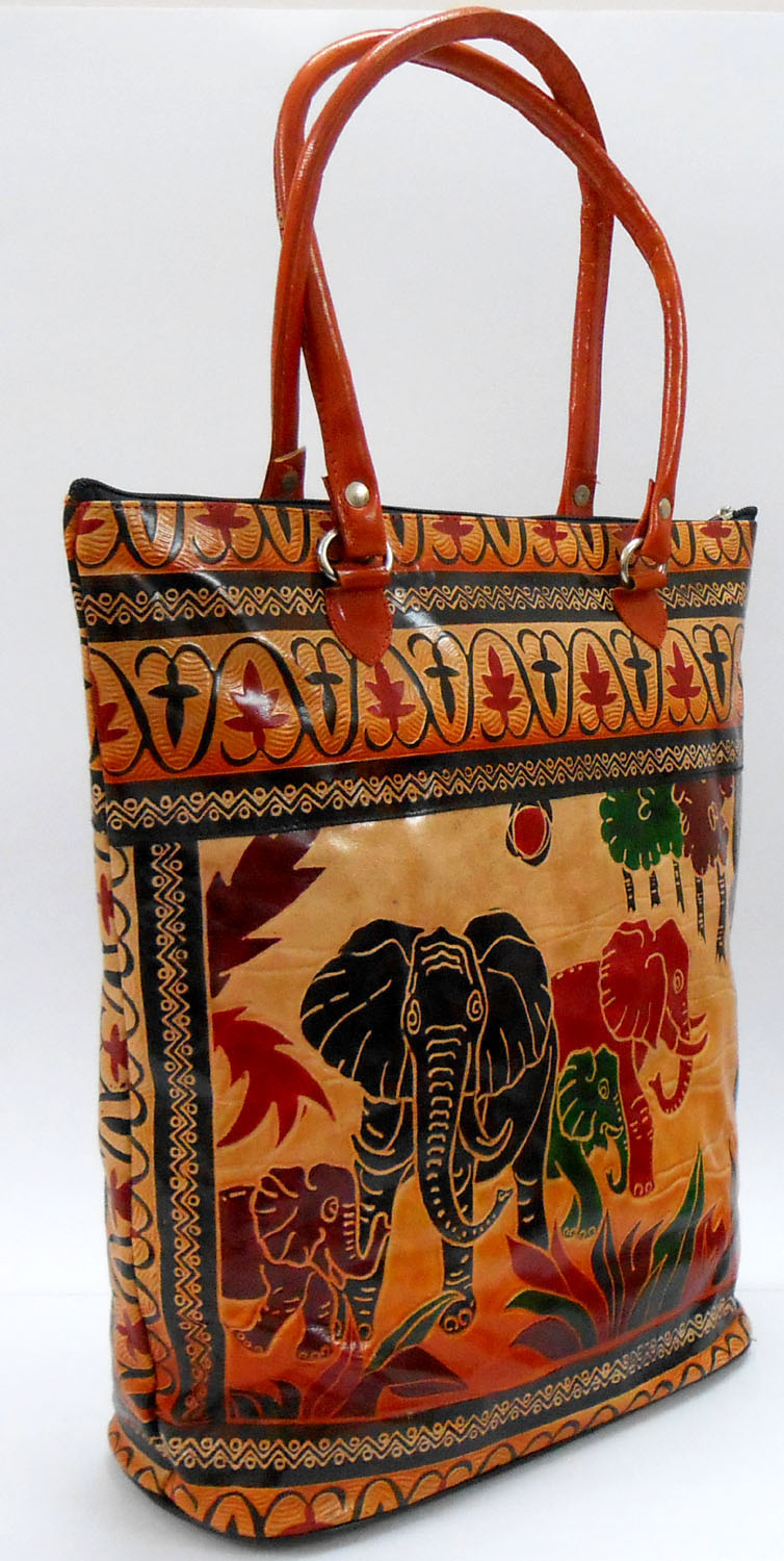 Elephant Family Ethnic Embossed 100% Pure Shantiniketan Leather Indian Large Shopping Bag