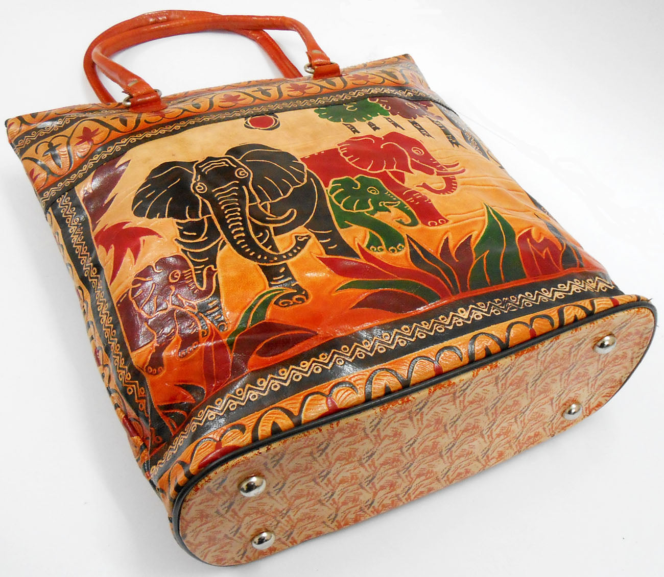 Elephant Family Ethnic Embossed 100% Pure Shantiniketan Leather Indian Large Shopping Bag