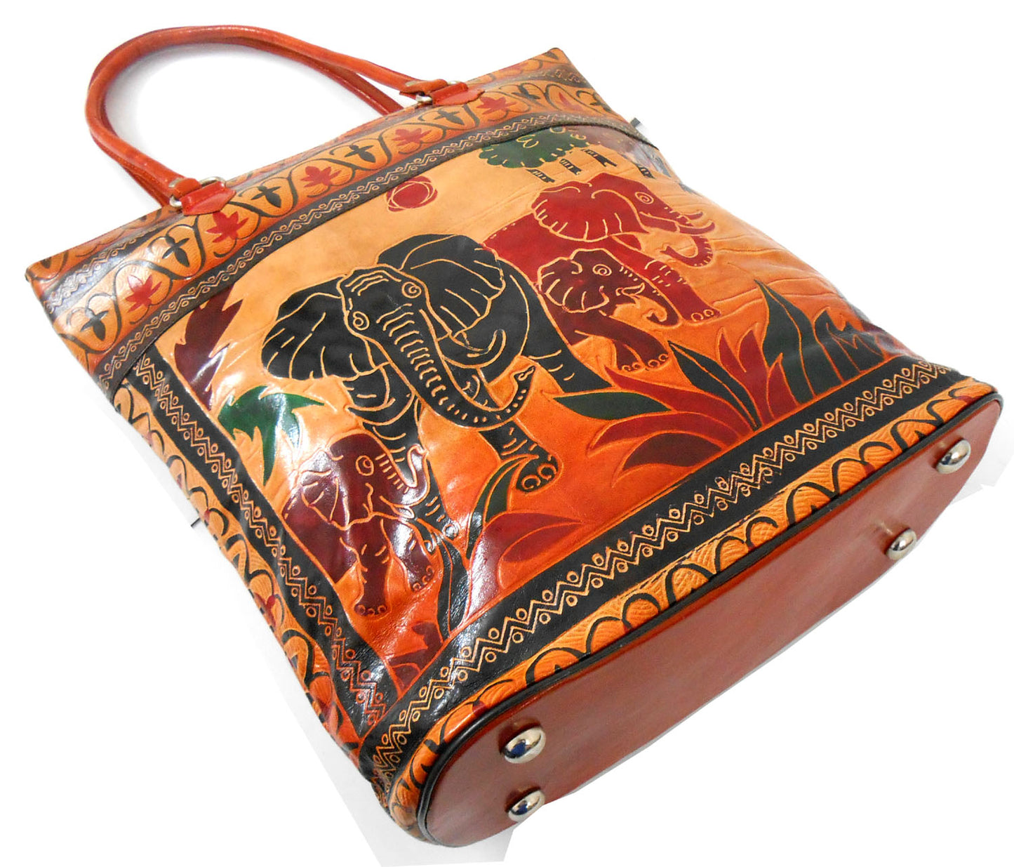Elephant Family Ethnic Embossed 100% Pure Shantiniketan Leather Indian Large Shopping Bag