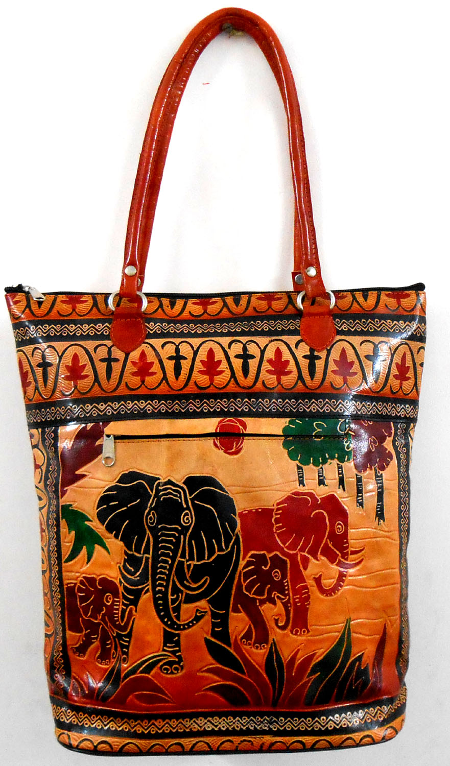 Elephant Family Ethnic Embossed 100% Pure Shantiniketan Leather Indian Large Shopping Bag