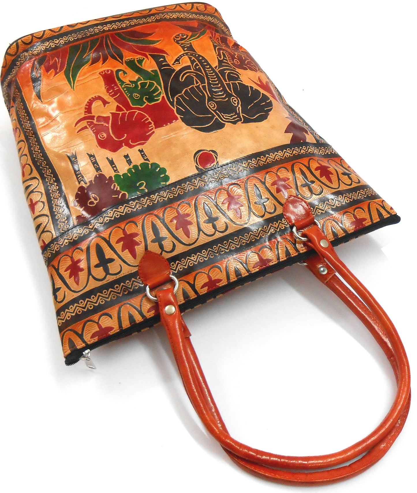 Elephant Family Ethnic Embossed 100% Pure Shantiniketan Leather Indian Large Shopping Bag