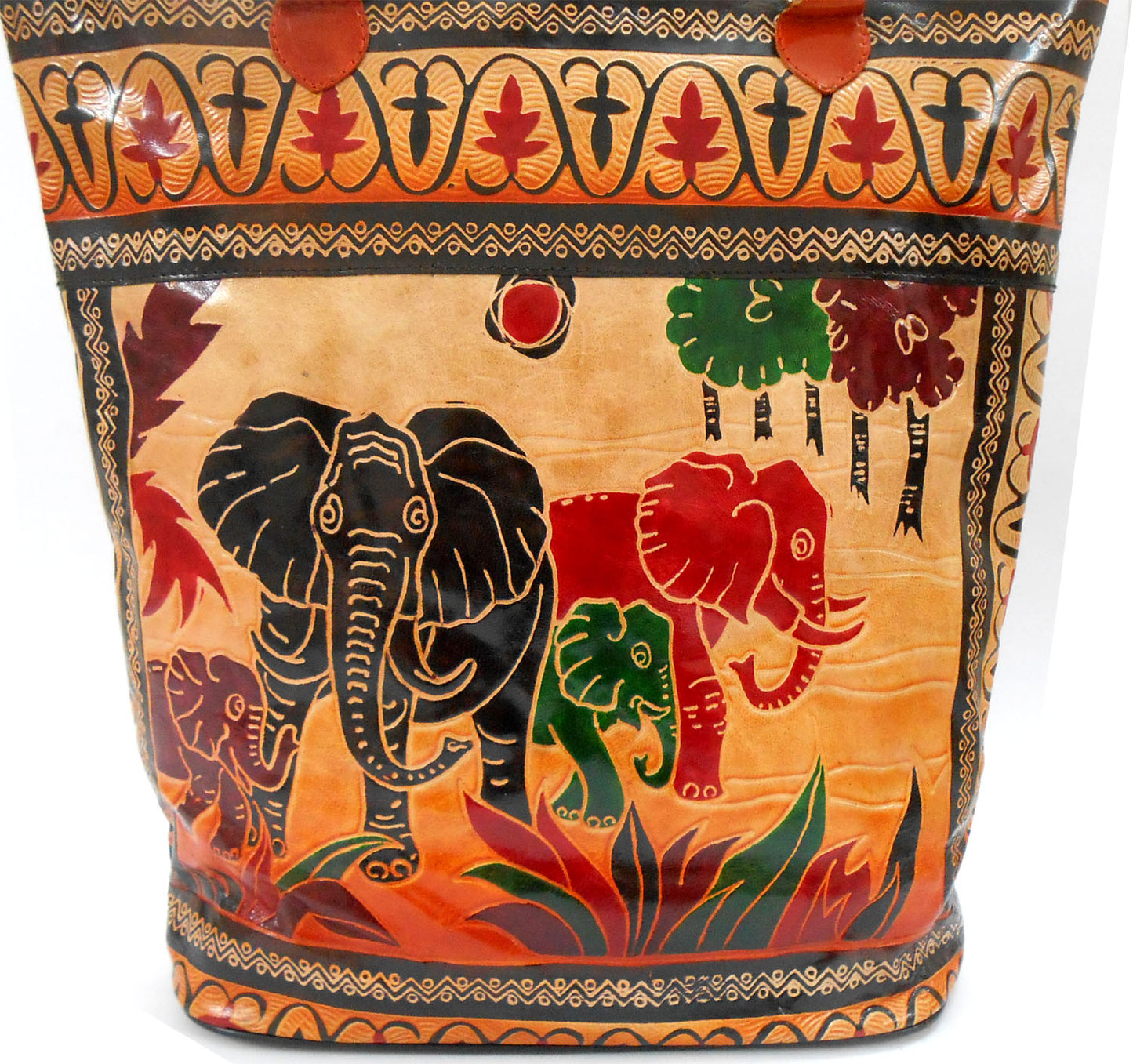 Elephant Family Ethnic Embossed 100% Pure Shantiniketan Leather Indian Large Shopping Bag