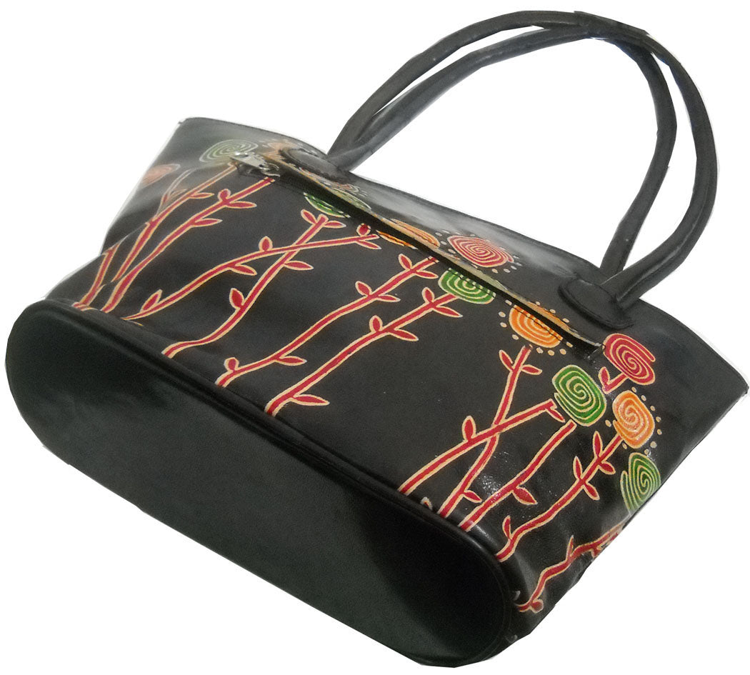 Colorful Plants Design in Black, Hand Made Shantiniketan Bag