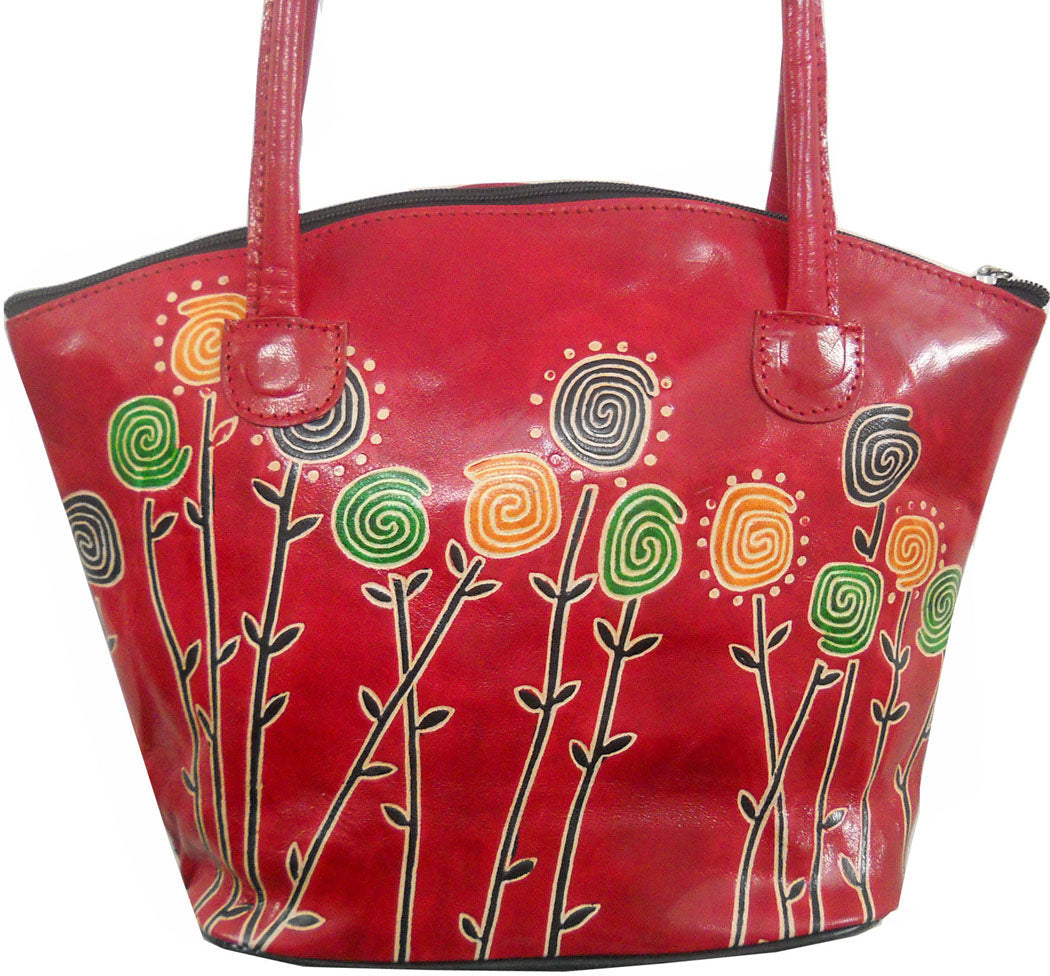 Colorful Plants Design in Bright Red Hand Made Shantiniketan Bag