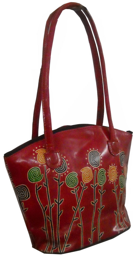 Colorful Plants Design in Bright Red Hand Made Shantiniketan Bag