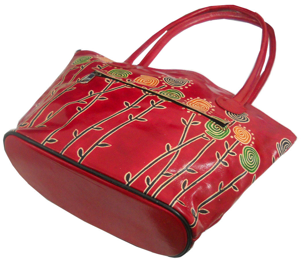 Colorful Plants Design in Bright Red Hand Made Shantiniketan Bag