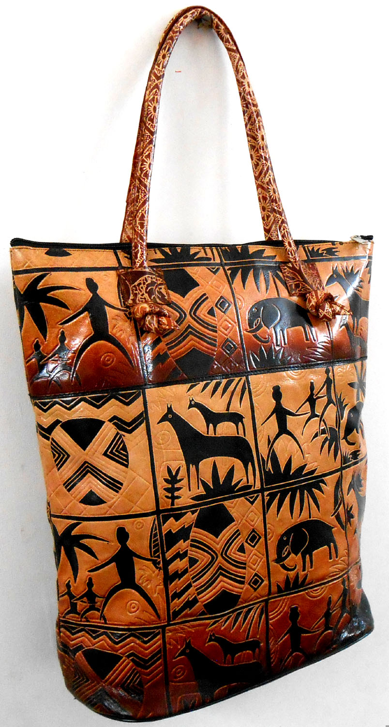 Exclusive Jungle Forest Design Ethnic Hand Embossed Shantiniketan Leather Indian Shopping Bag