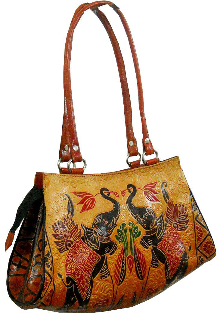 Colorful Jungle Elephants Design Ethnic Hand Embossed 100% Pure Shantiniketan Leather Indian Hand Bag